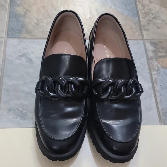 Cole Haan Black Leather Loafers with Chain Detail - Picture 1 of 3